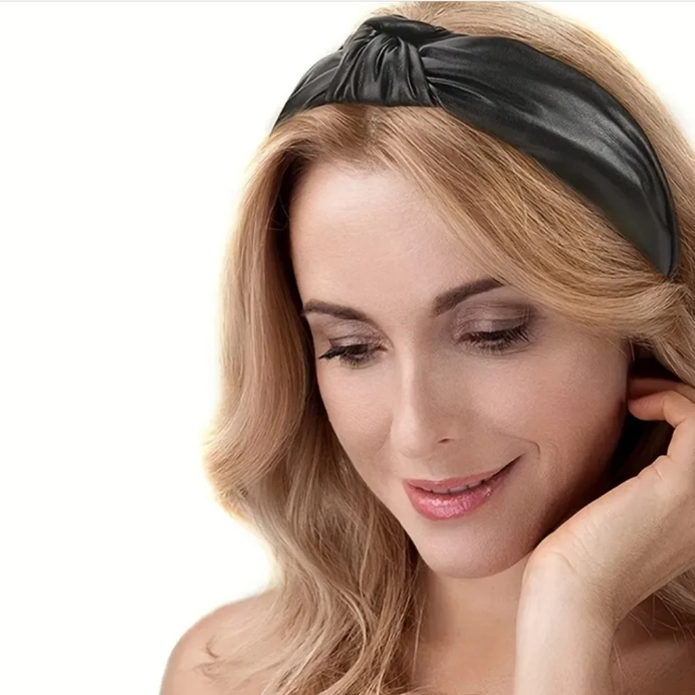 Black Knotted Faux Leather Headband Shiny